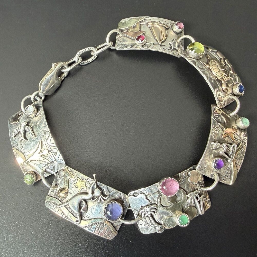 Vintage Handmade Artisan Panel Link Bracelet 925 Sterling Silver 14K Gold & Gems